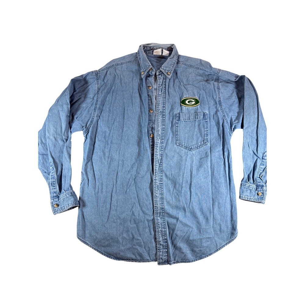 Vintage Green Bay Packers Denim Shirt Mens Large True Fan Sportswear Blue NFL